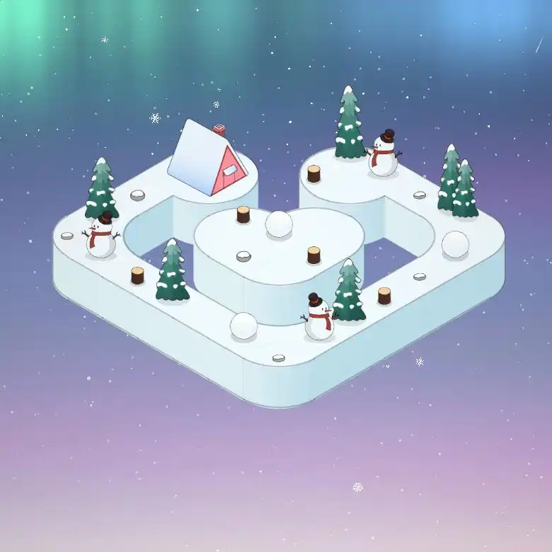 Life & Lemon winter island biome with snowmen, snowy trees, snowballs, and a small red cabin