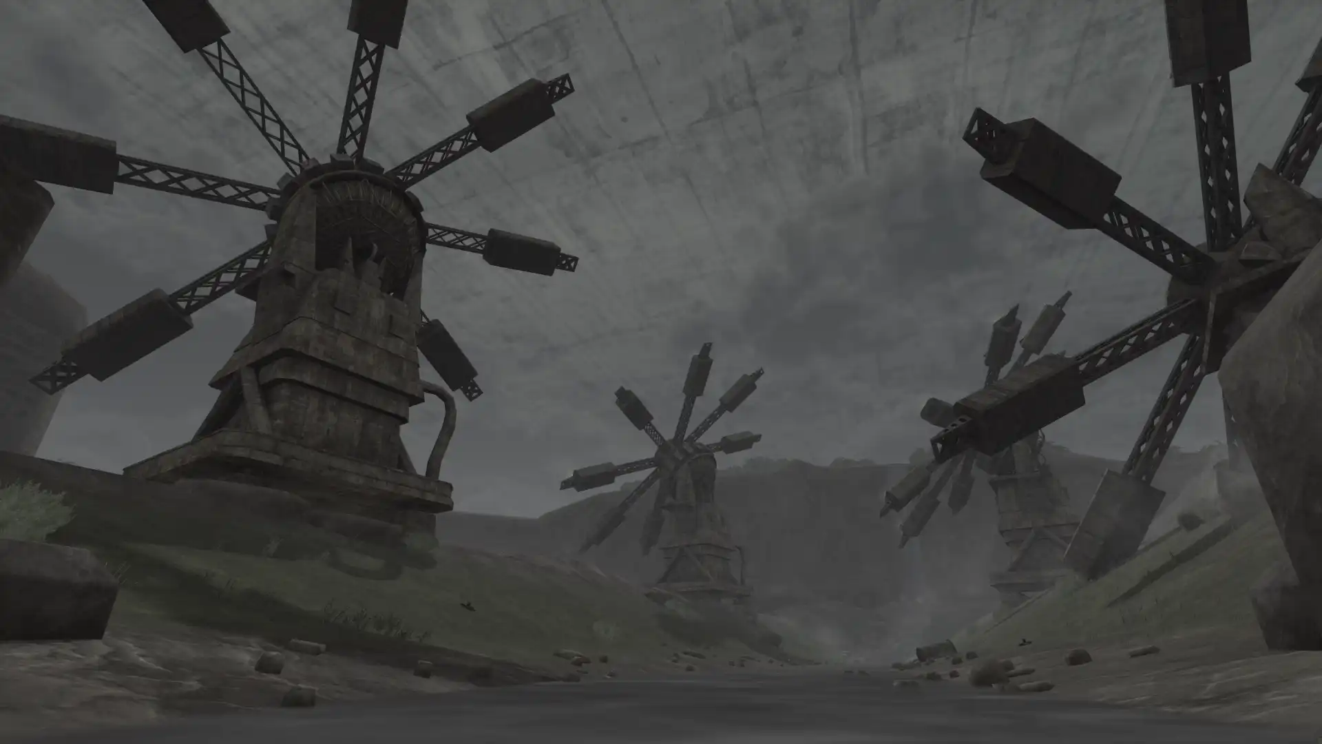 Huge industrial windmill structures under the concrete sky in Metal Garden