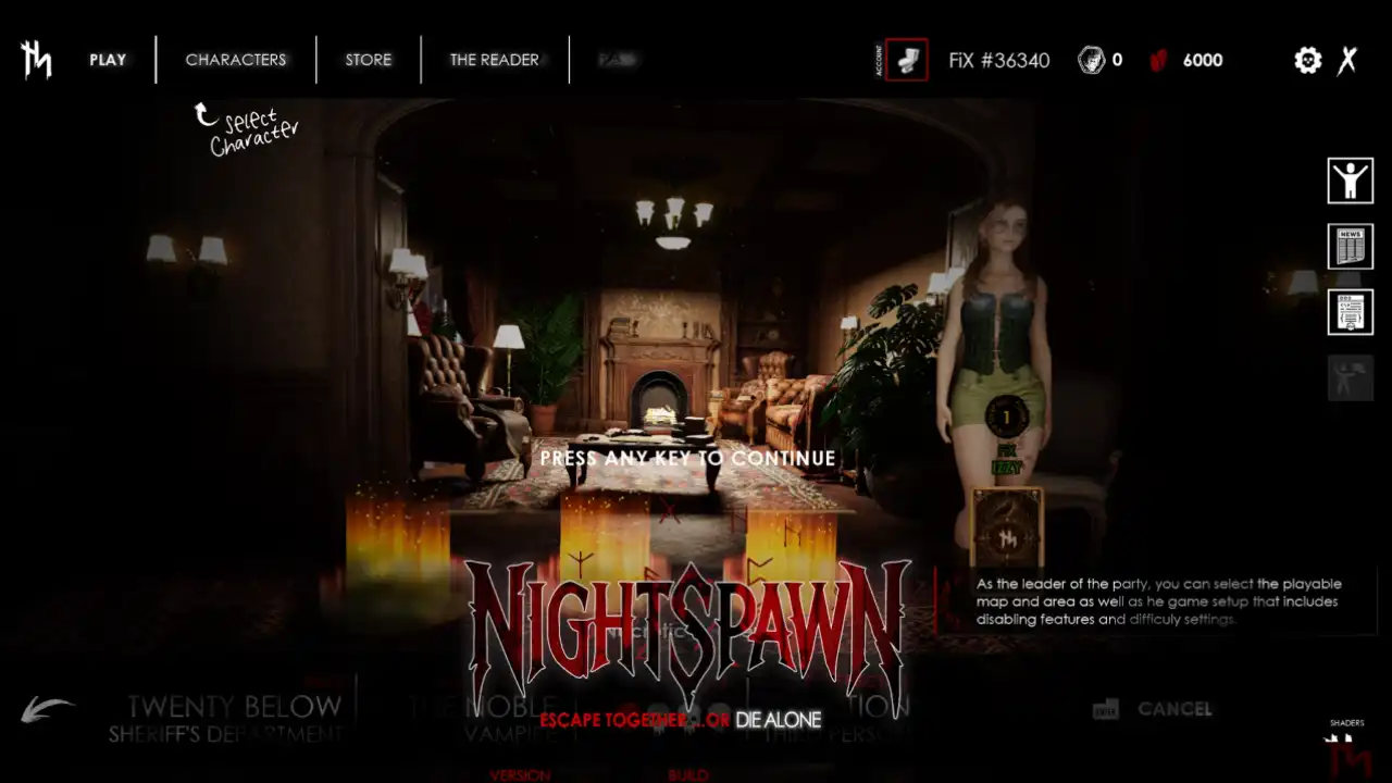 NightSpawn menu screen showing a character selection area, dark mansion background, and Press Any Key to Continue text