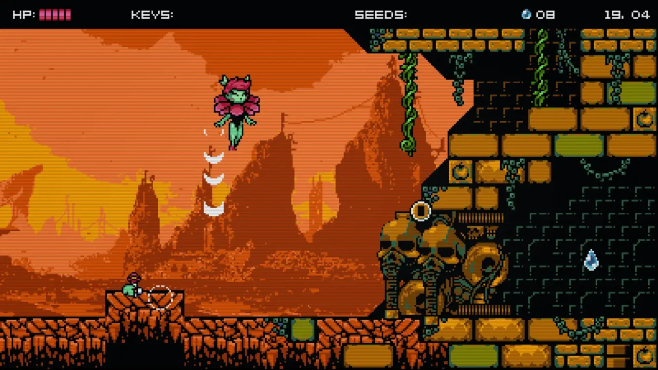 Alruna: End of History character jumping through a post-apocalyptic pixel-art landscape