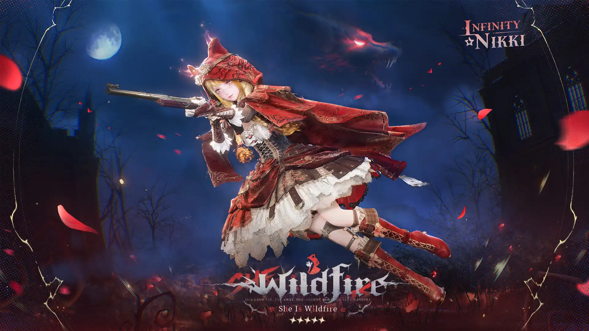 Infinity Nikki character in a red hooded outfit aiming a rifle in a dark fantasy scene.