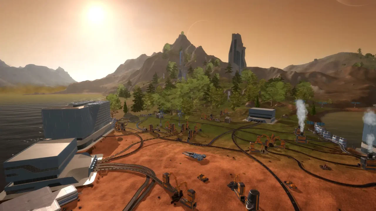 Eden Crafters gameplay showing a large automated base with machines, rails, buildings, and terraformed land.