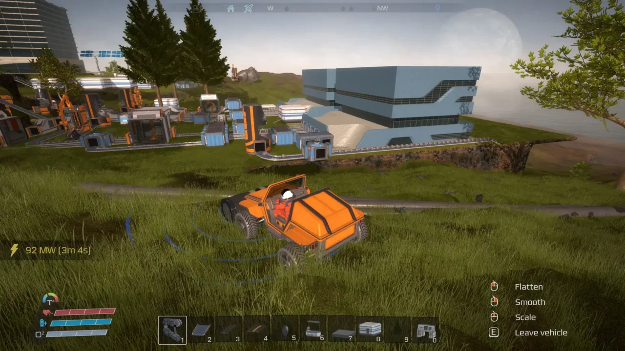 Eden Crafters gameplay showing a vehicle near a growing base with automation systems and terrain tools.