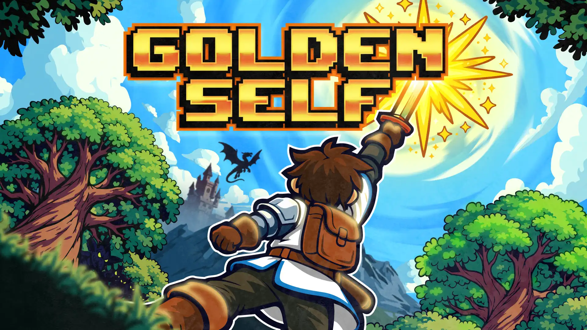 Golden Self key art showing a hero reaching toward a bright golden star in a fantasy action roguelike scene
