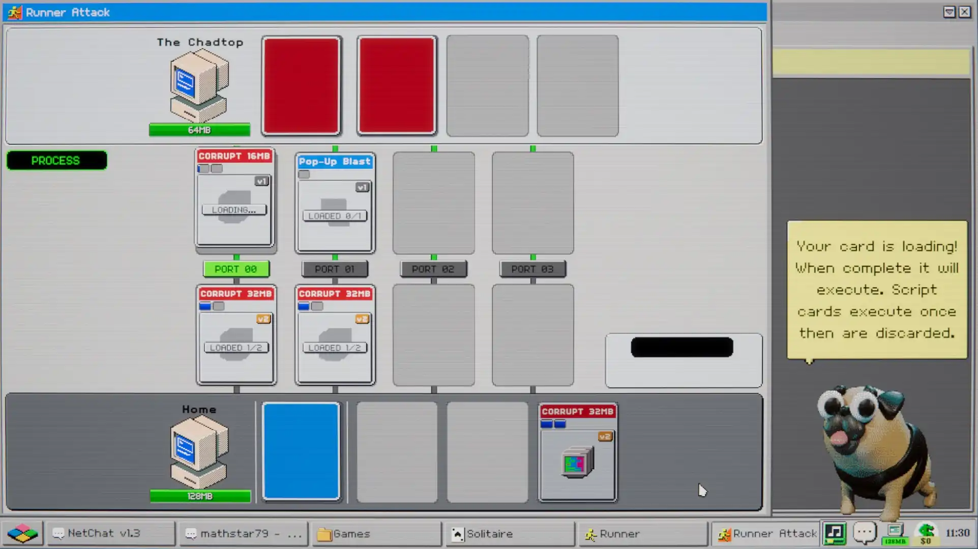 Hack ’95 gameplay screenshot showing a card-based hacking battle inside a retro computer interface