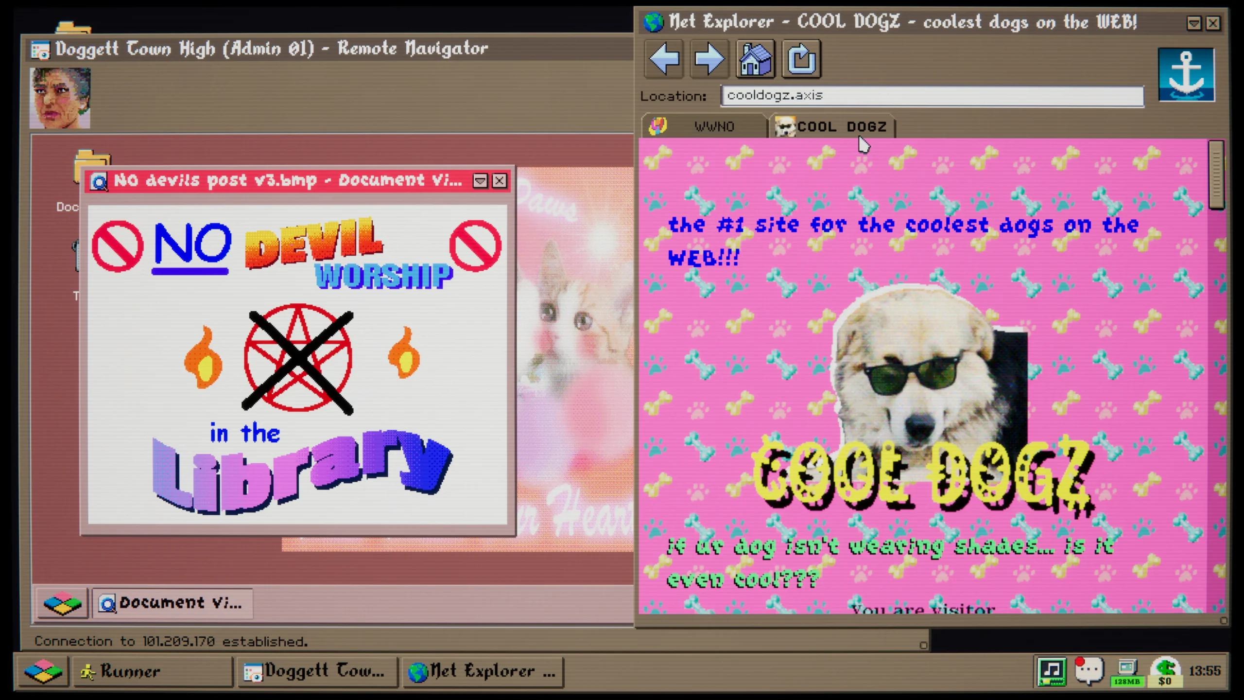 Hack ’95 screenshot showing a retro web browser, dog website, and strange desktop windows
