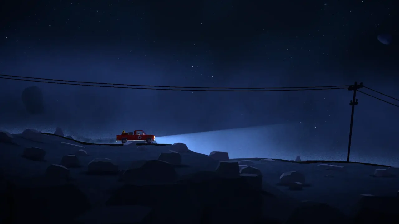 In The Drift screenshot showing a red truck driving across a lonely asteroid road under a star-filled sky