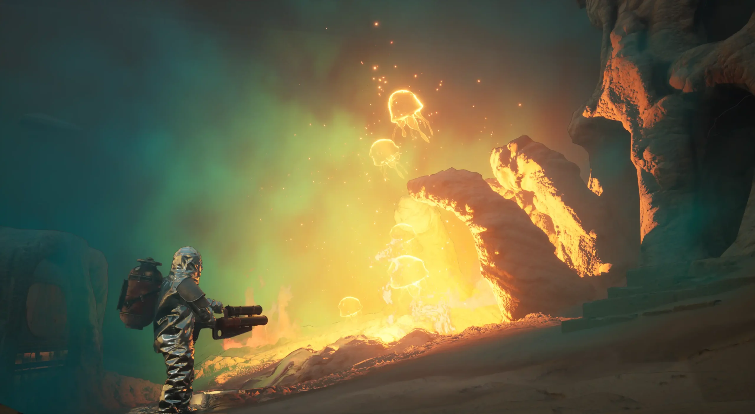 Into the Fire showing glowing fire anomalies inside a volcanic cave