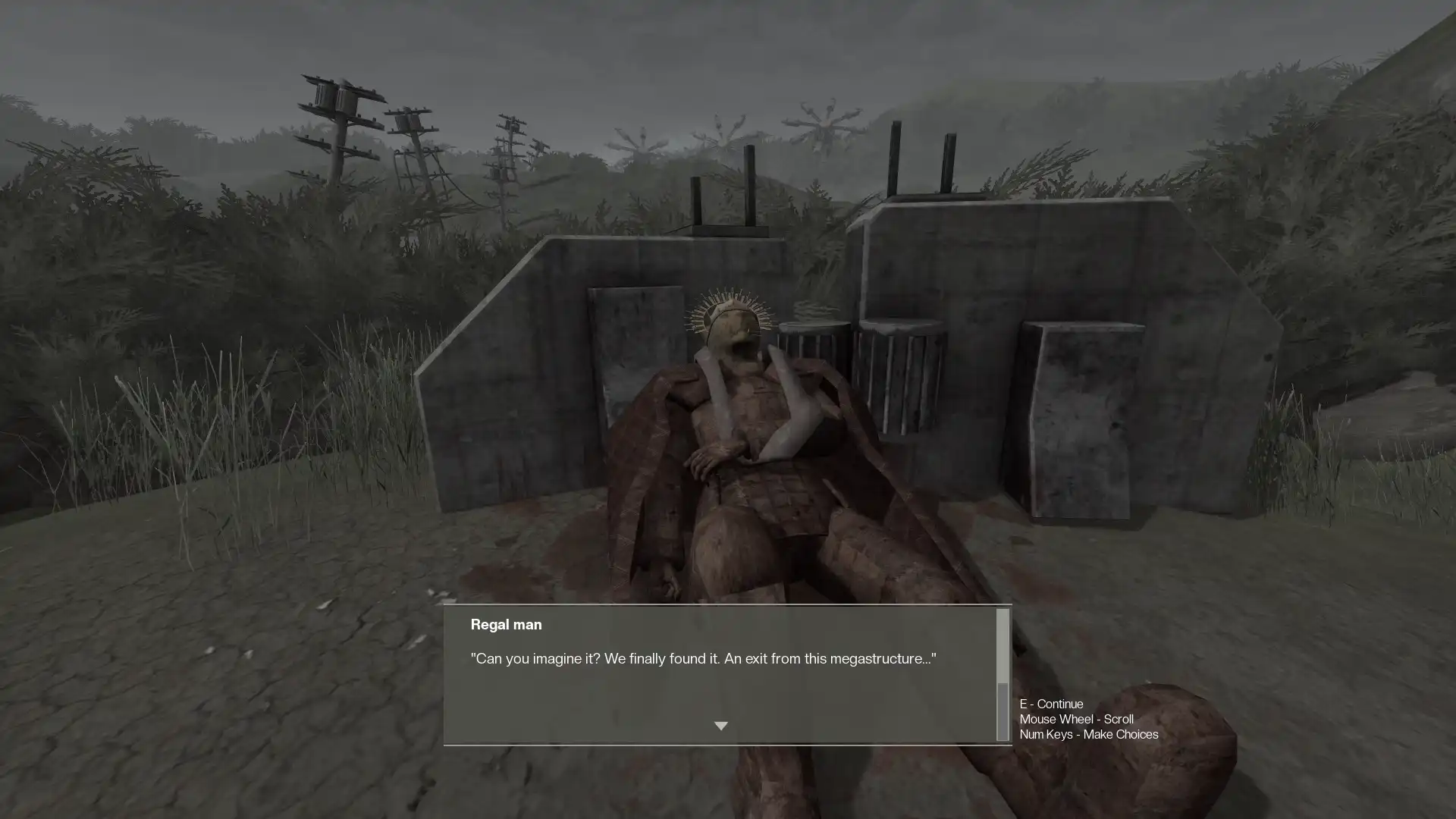 A dialogue scene with the Regal man in Metal Garden near concrete ruins and overgrown terrain