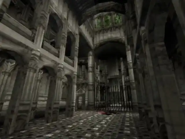 PRISON OF HUSKS screenshot showing a ruined stone hall with arches, gates, and gothic architecture