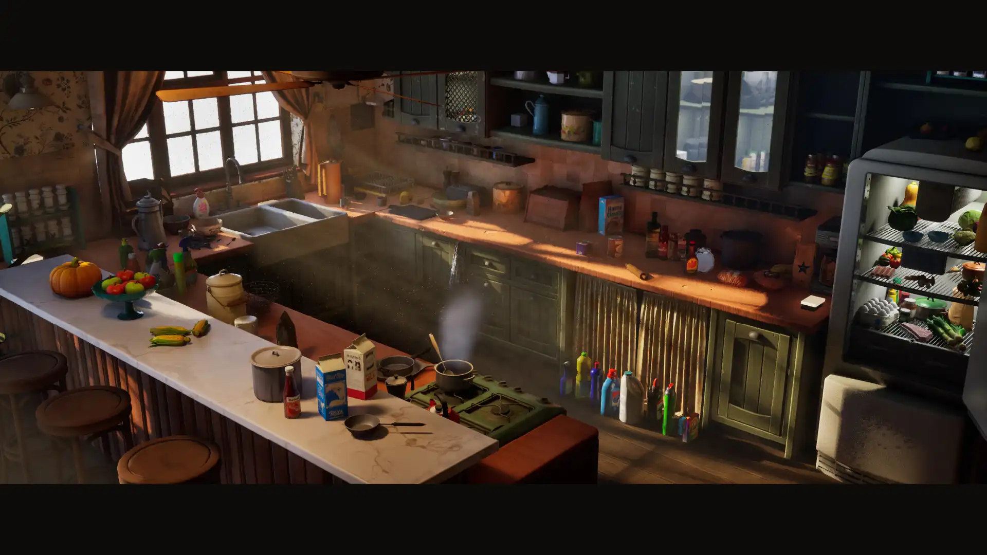 Salt & Soul Pocket Chef’s Adventure screenshot showing a large kitchen filled with food, counters, cupboards, a stove, and a fridge
