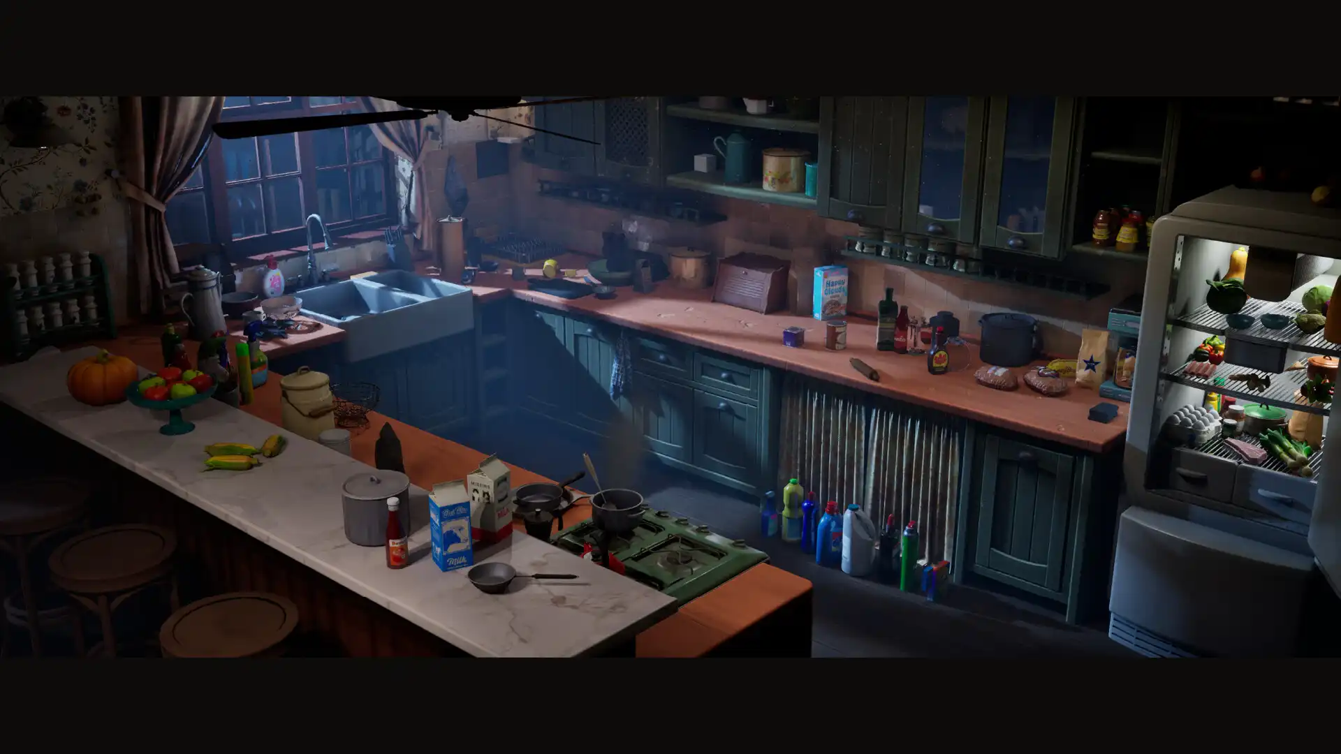 Salt & Soul Pocket Chef’s Adventure screenshot showing a kitchen at night with a fridge, stove, sink, counters, and cooking items