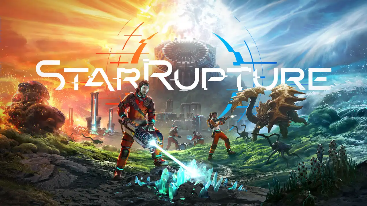 StarRupture key art showing sci-fi explorers, alien wildlife, and a hostile planet environment