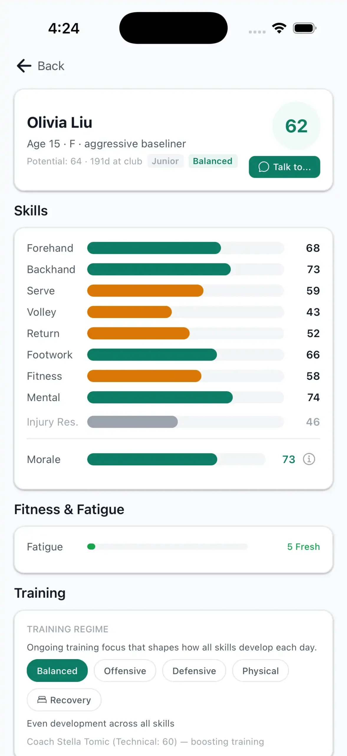 Tennis Tycoon player profile showing junior talent skills, morale, fatigue, and training regime
