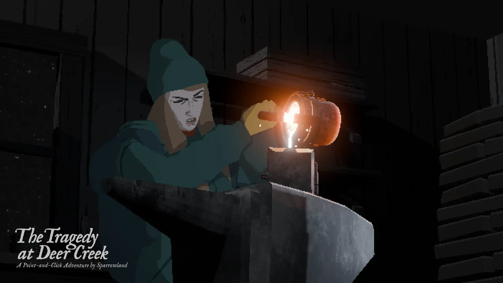 Charlotte pours glowing molten metal during a dark cutscene in The Tragedy at Deer Creek.