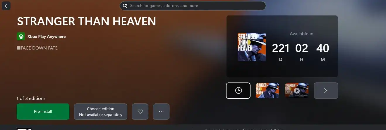 Xbox app listing for Stranger Than Heaven showing a pre-install button and 221 days remaining before release