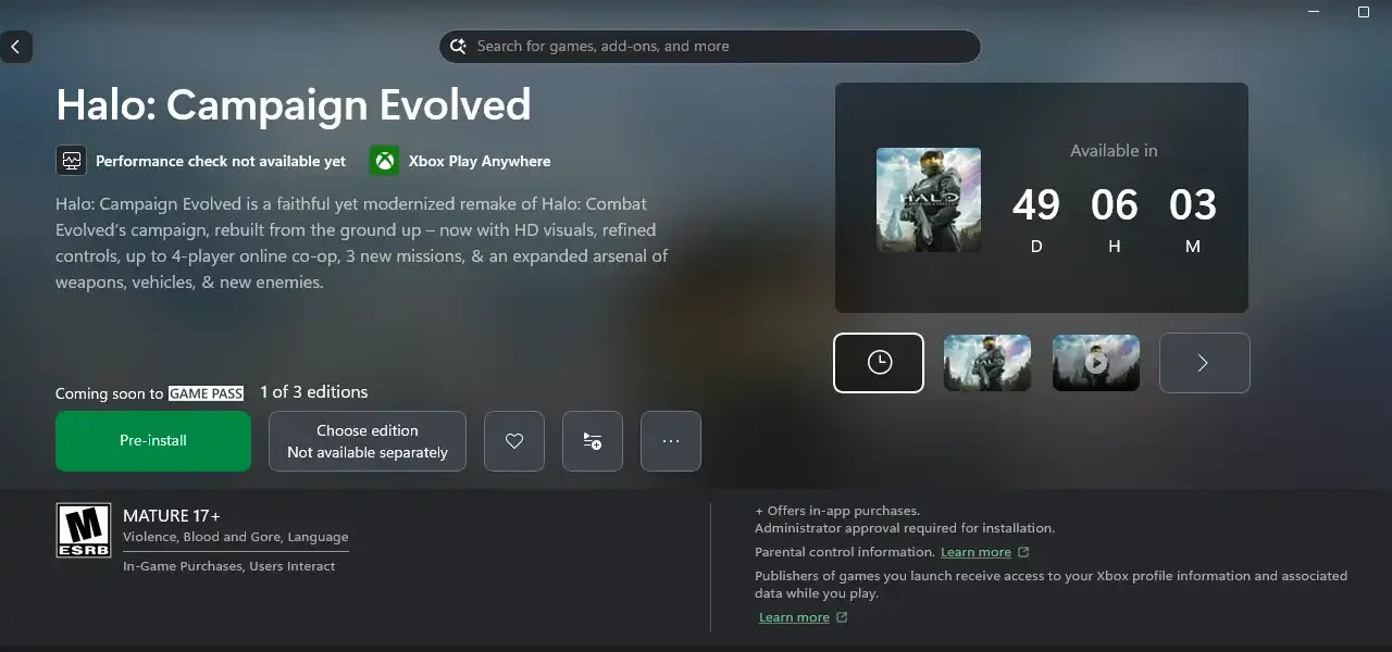 Xbox app listing for Halo: Campaign Evolved showing a pre-install button and 49 days remaining before release
