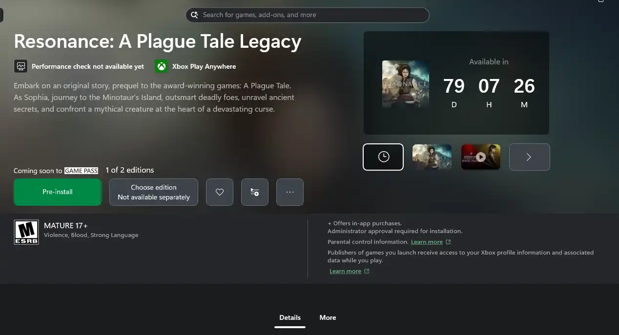 Xbox app listing for Resonance: A Plague Tale Legacy showing a pre-install button and 79 days remaining before release