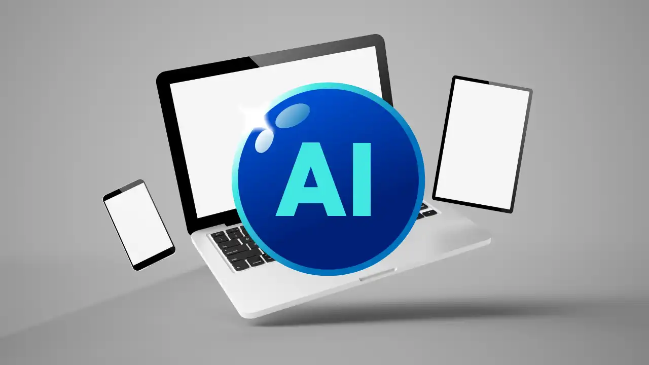 Laptop, phone, and tablet with an AI symbol, representing AI tools across modern devices and workflows.
