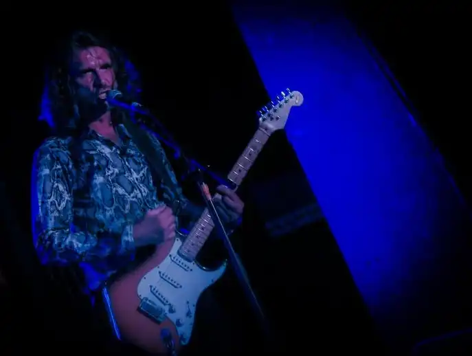 David Priestman singing and playing electric guitar during a live SPIDER performance in 2025.