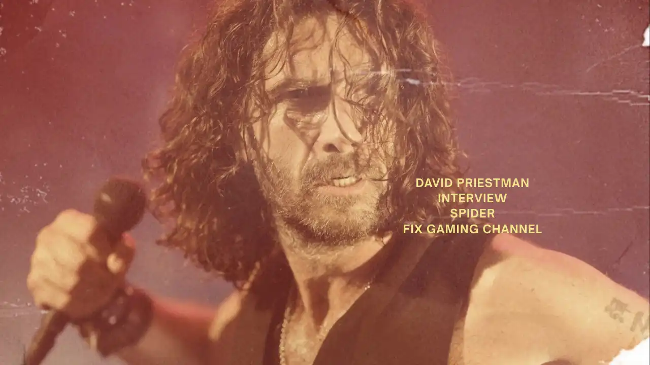 David Priestman holding a microphone in a vintage-style promotional image for his SPIDER interview with Fix Gaming Channel.