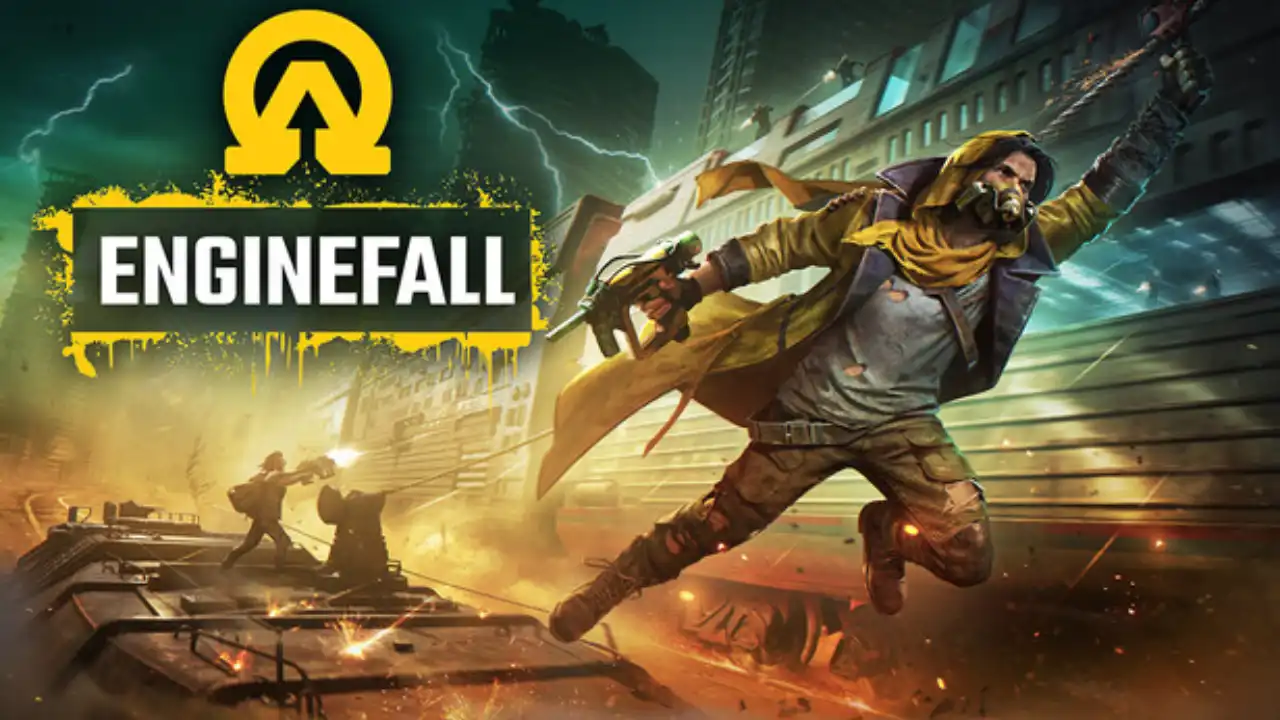 Enginefall artwork showing the game logo, a masked character, and a post-apocalyptic train battle scene.