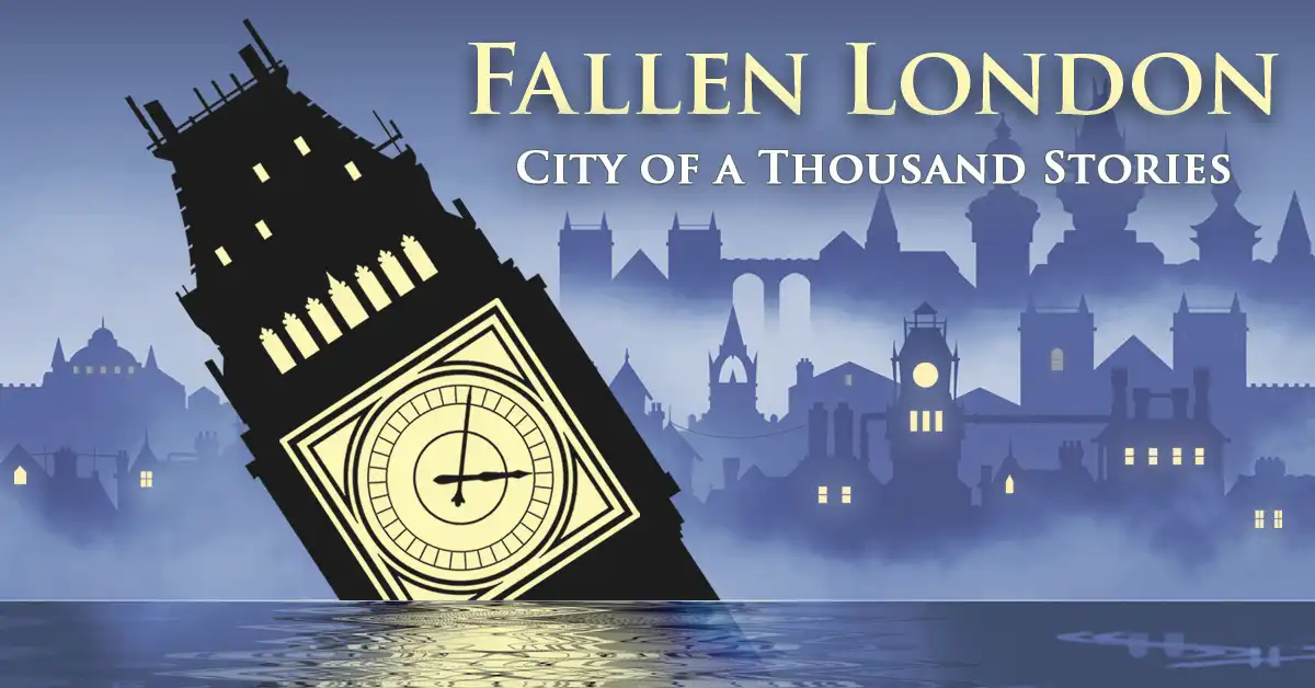 Fallen London artwork showing a leaning clock tower rising from the water against a misty city skyline
