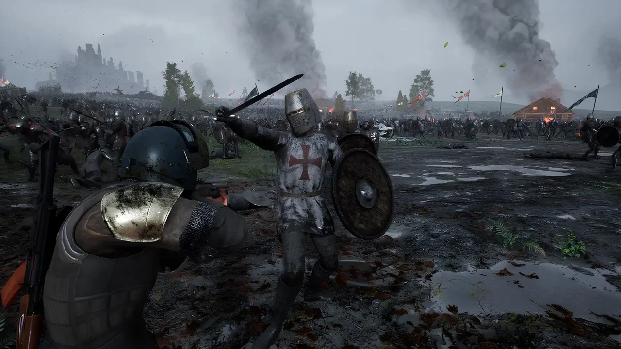 Kingmakers gameplay showing a modern soldier aiming a rifle at a medieval knight during a huge battlefield clash.