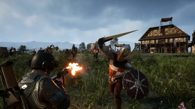 Kingmakers gameplay showing a modern soldier firing an assault rifle at a medieval knight carrying a sword and shield.