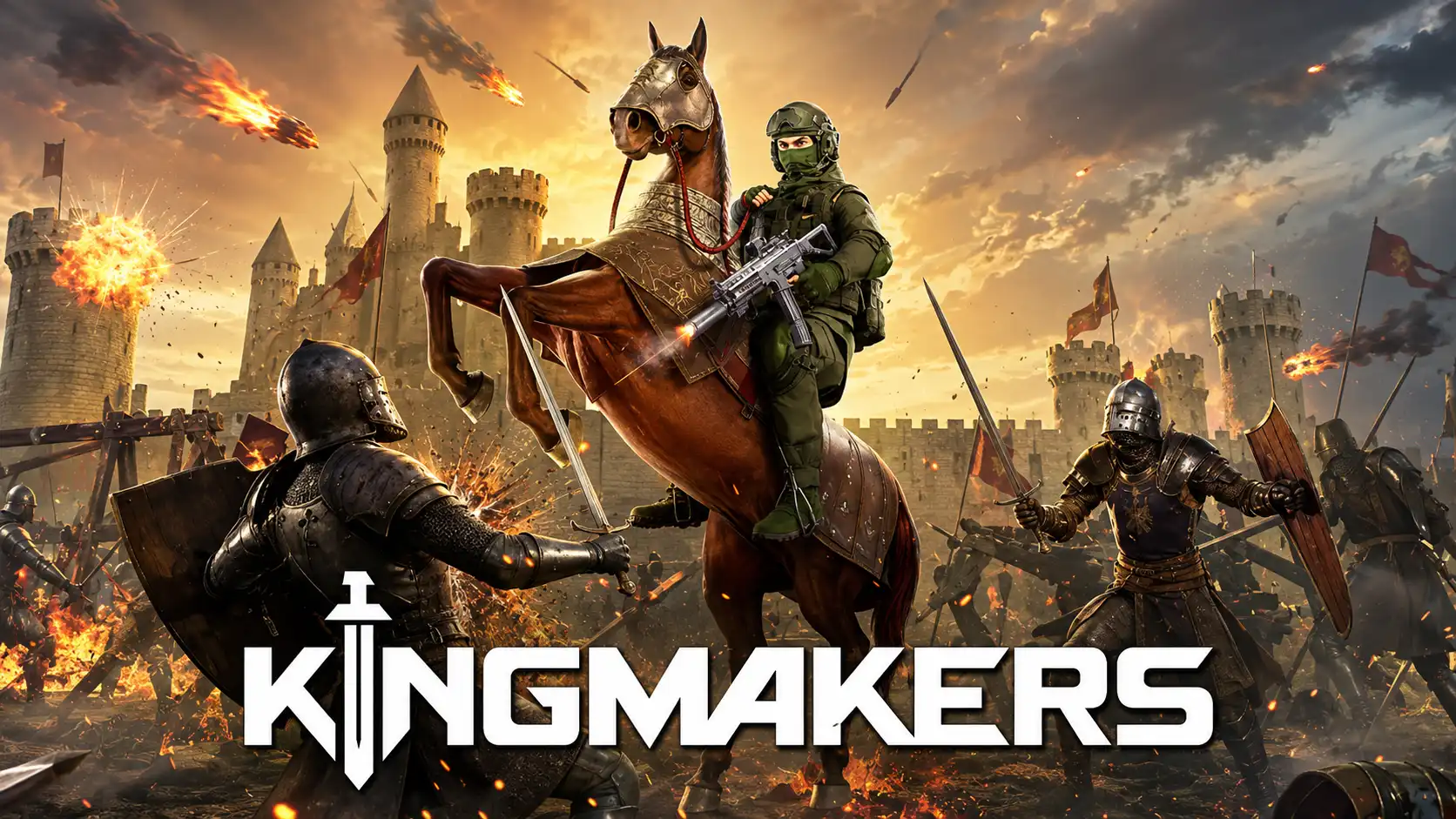 Kingmakers artwork showing a modern armed soldier riding a horse through a large medieval battle outside a burning castle.