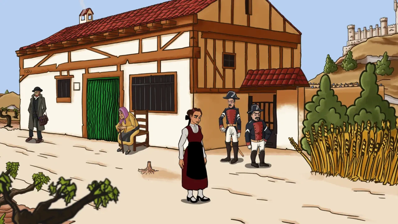 Hand-drawn village scene with María and several characters in Legends of Castile