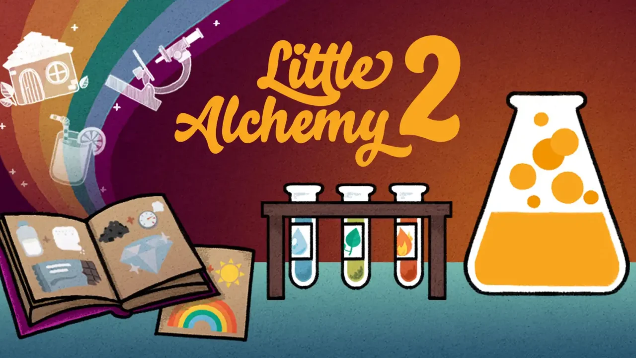 Little Alchemy 2 artwork featuring an illustrated encyclopedia, elemental test tubes and an orange alchemy flask