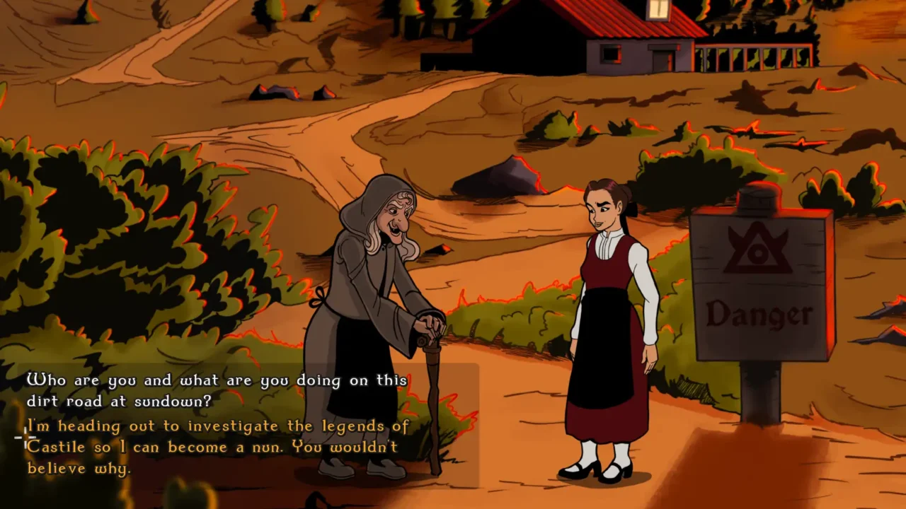 María speaks with an elderly woman while investigating Castilian legends