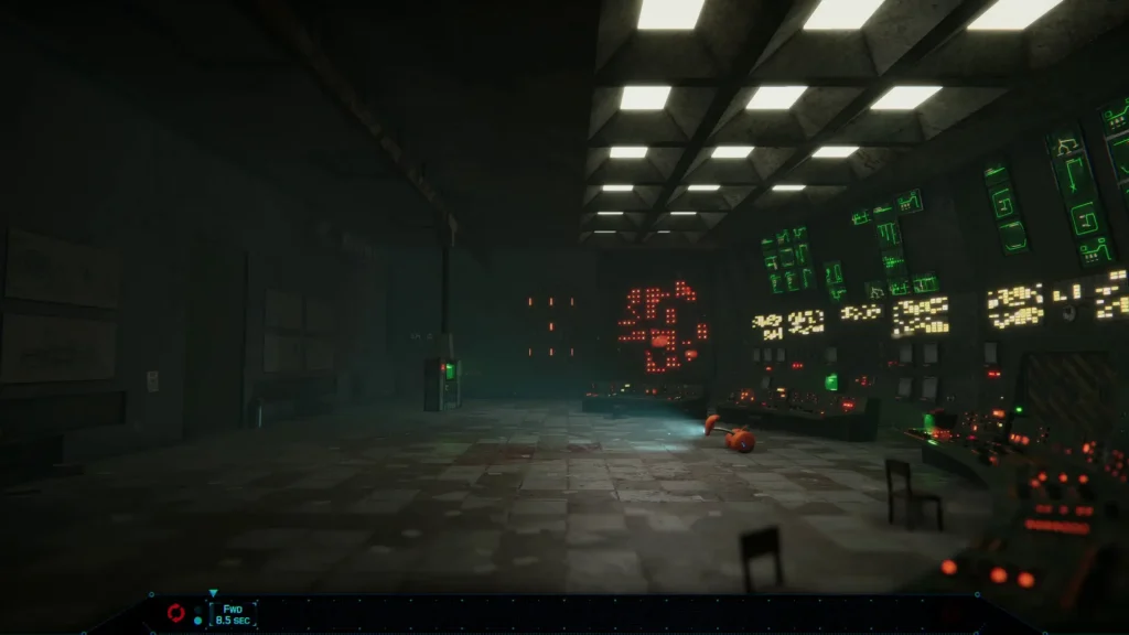 NODE screenshot showing the AI robot inside a dark Cold War-style control room with glowing monitors and machinery
