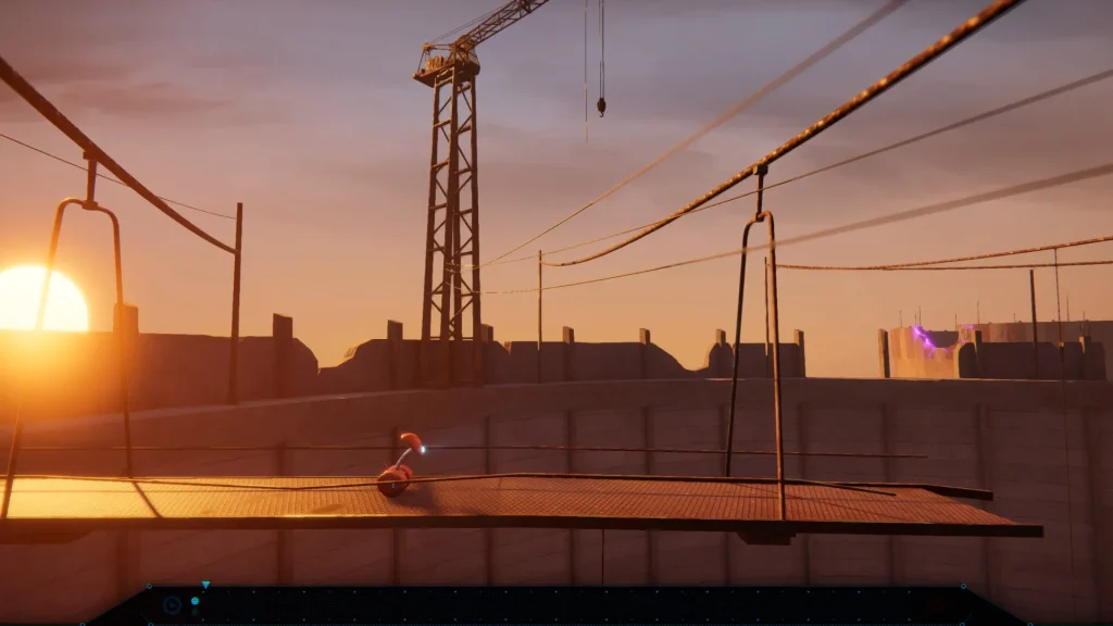 NODE gameplay screenshot showing the AI robot crossing an outdoor industrial platform at sunset