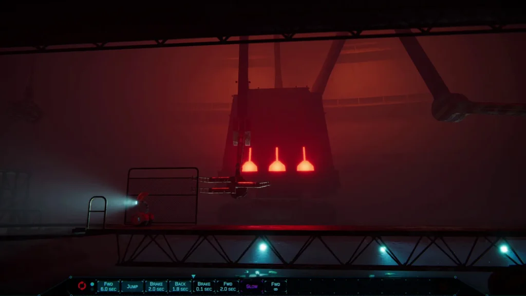 NODE gameplay screenshot showing the AI robot in a dark red industrial puzzle room with timeline commands visible