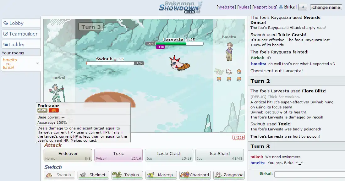 Pokémon Showdown browser battle showing Swinub facing Larvesta with move choices and the turn log visible