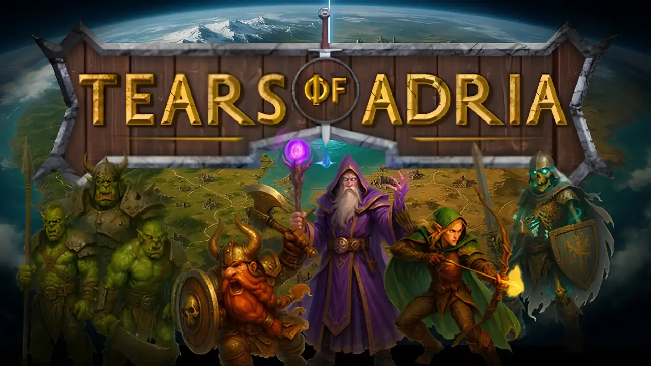 Tears of Adria launch trailer artwork featuring fantasy heroes, monsters, and the game logo