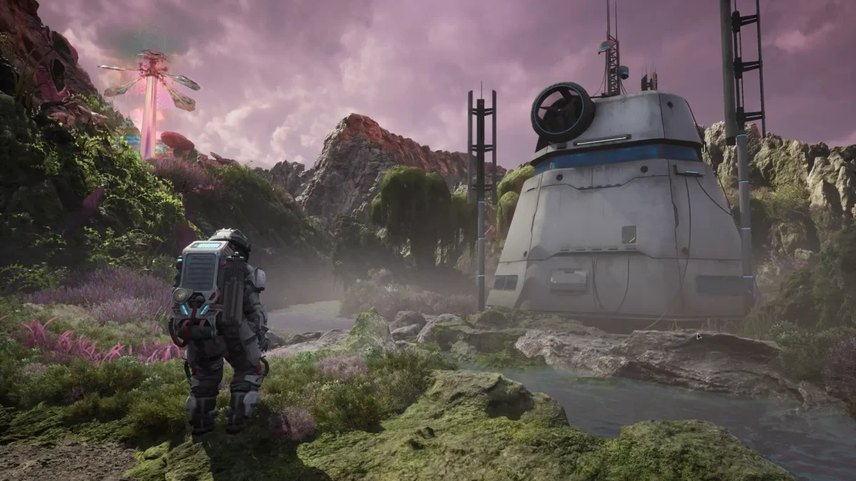 Jan exploring a terraformed region beside a scientific facility in The Alters Last Variable