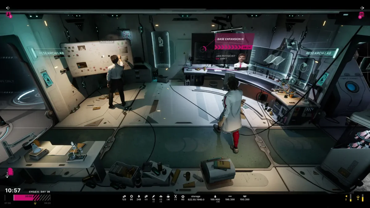 Jan and Jan Physicist working inside the underground research base in The Alters Last Variable