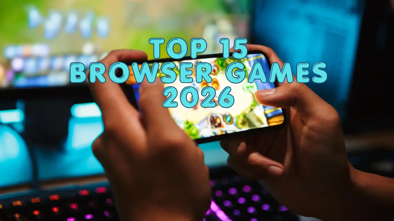 Hands holding a smartphone in front of a colorful gaming setup with Top 15 Browser Games 2026 text