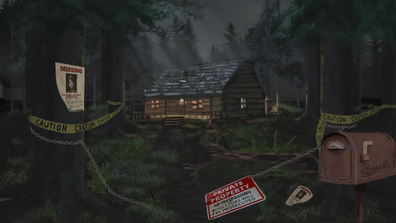 Abandoned forest campsite with cabins, a campfire, sleeping bag, and the word killer painted on a wall