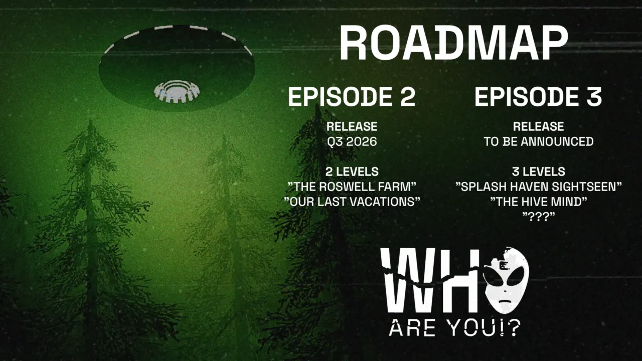 Who Are You development roadmap showing Episode 2 planned for Q3 2026 and Episode 3 to be announced