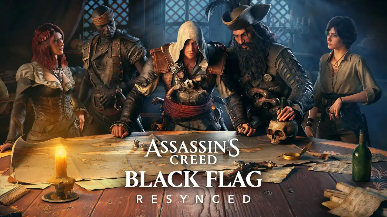 Assassin’s Creed Black Flag Resynced characters gathered around a map