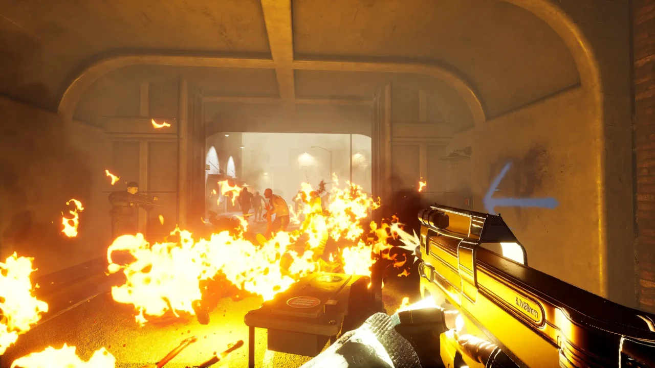 Codename CURE II player firing through a burning zombie horde