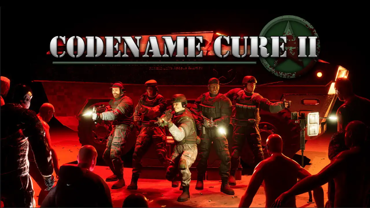 Codename CURE II squad surrounded by zombies beside a military vehicle