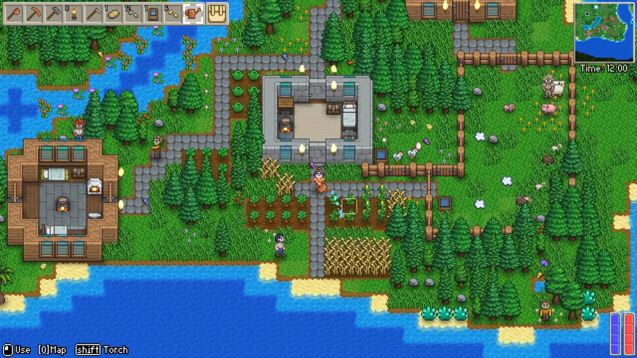 Farm settlement with crops, livestock, houses, and players in Delverium