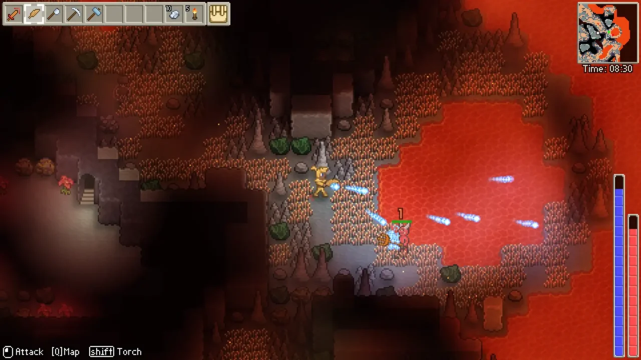Player fighting an enemy beside a lava pool inside a dungeon in Delverium