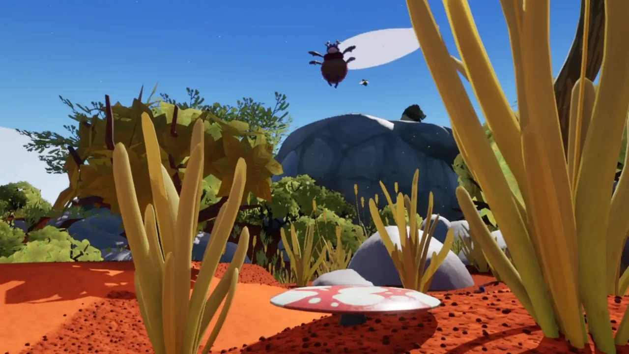 Dung beetle flying through the air above grass and rocks in Dung Ho!