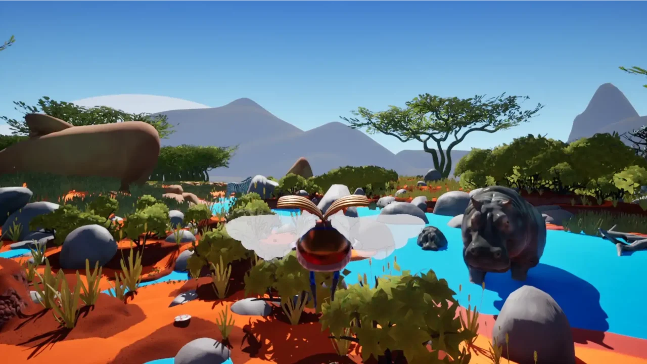Dung beetle flying above a river beside a hippopotamus in Dung Ho!